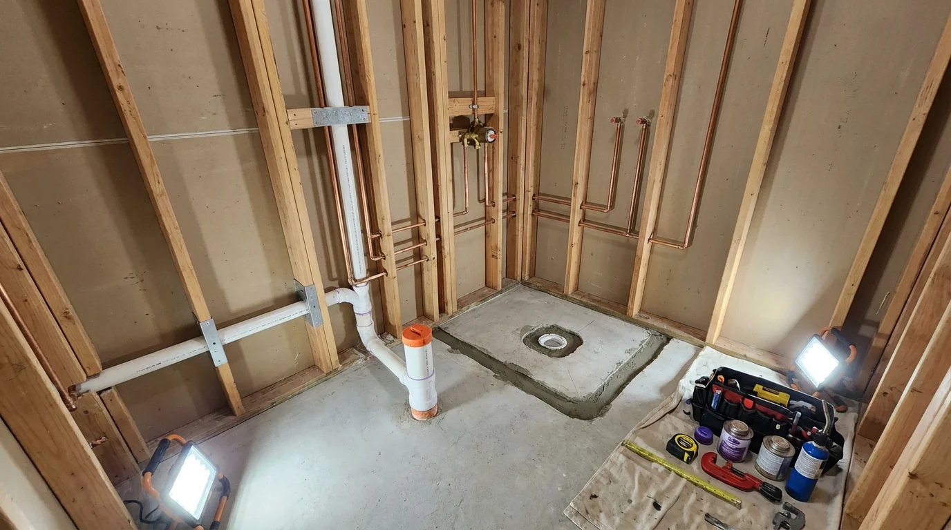 Bathroom rough-in plumbing during remodel by Johns Plumbing LLC in Enid