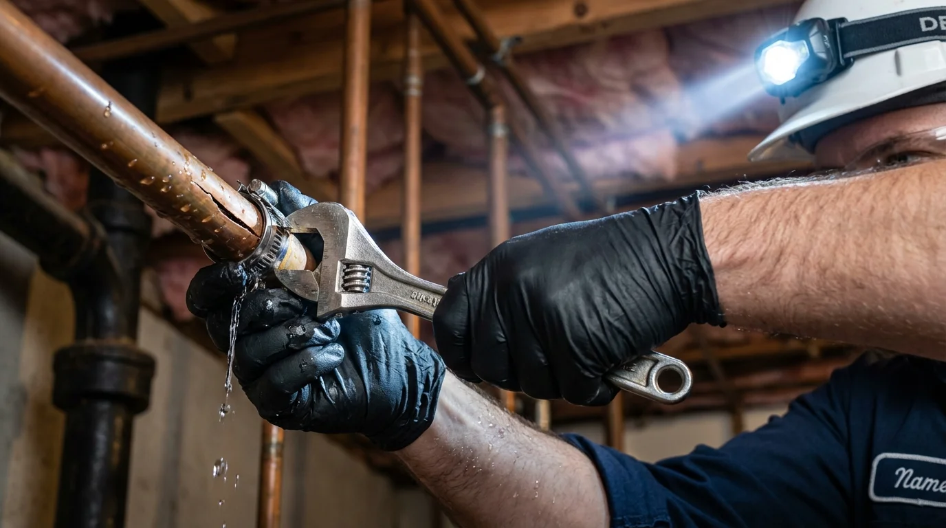 Emergency pipe clamp repair being performed by a Johns Plumbing LLC plumber in Enid
