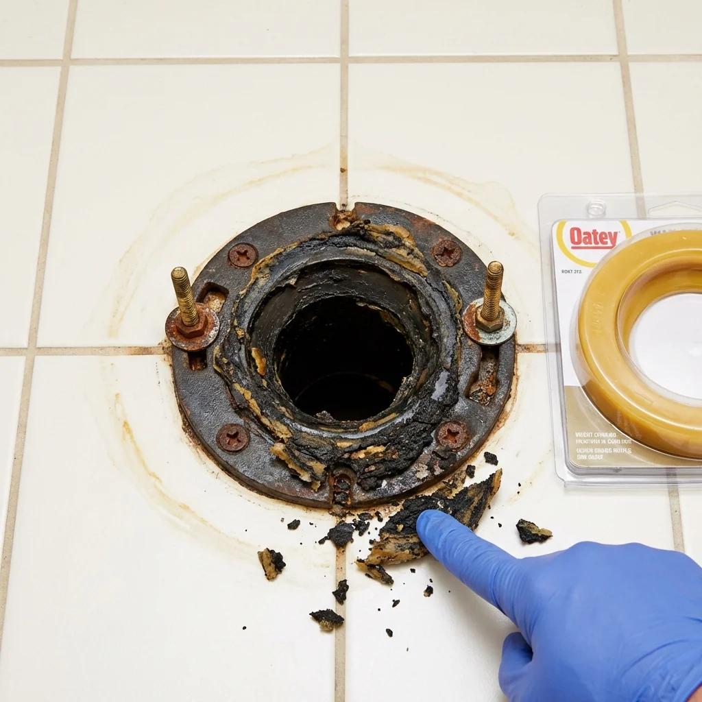 Failed wax ring showing water seepage at the base of a toilet in a Enid, OK home